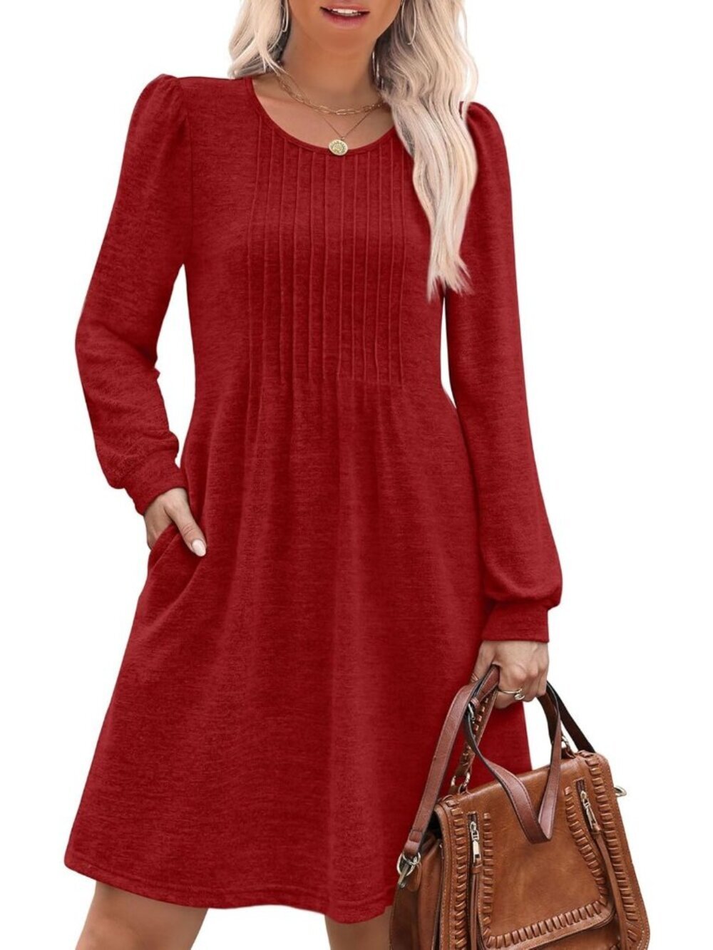 Women's Red Pleated Crew Neck Pockets Fall Baby Doll Sweater Mini Dress